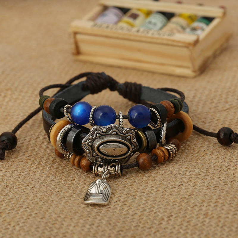 Bracelet en cuir multicouches avec perles en saphir et breloque chapeau Olivenorma