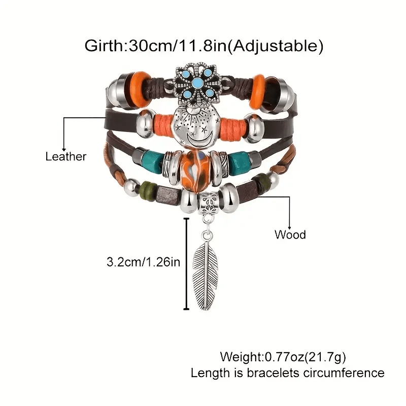 Bracelet en cuir ajustable bohème avec breloques en plumes Olivenorma