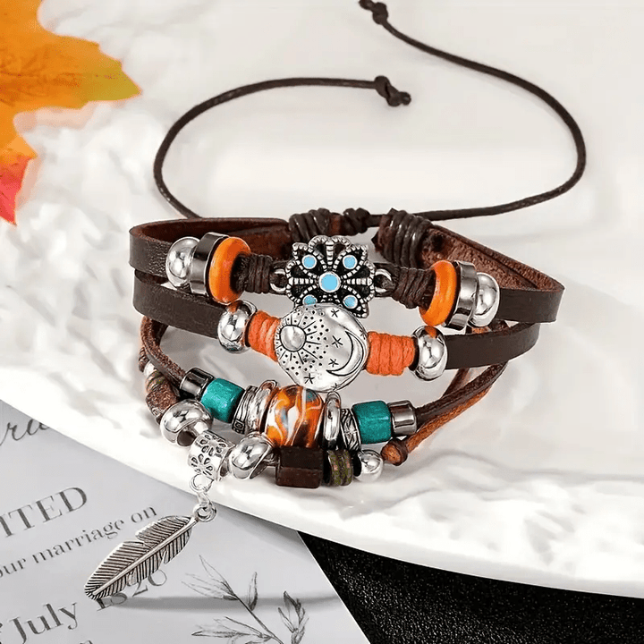 Bracelet en cuir ajustable bohème avec breloques en plumes Olivenorma - Pierre Œil de chat et turquoise - image 0