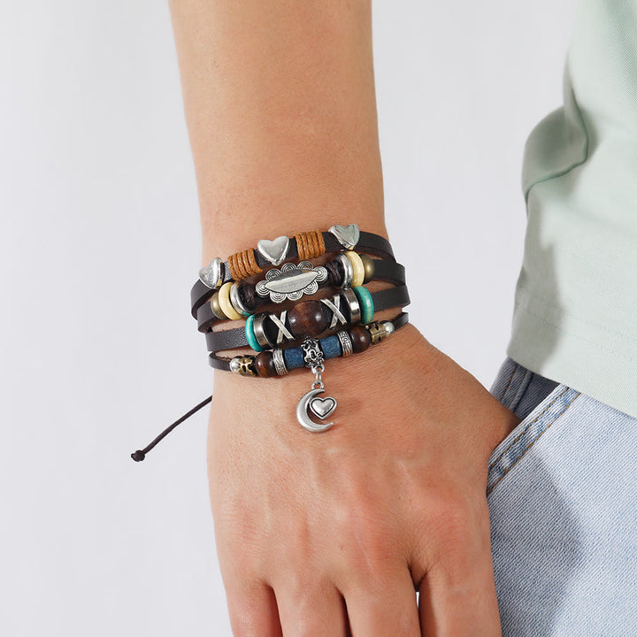 Bracelets en cuir perlé multicouches avec breloques lune Olivenorma