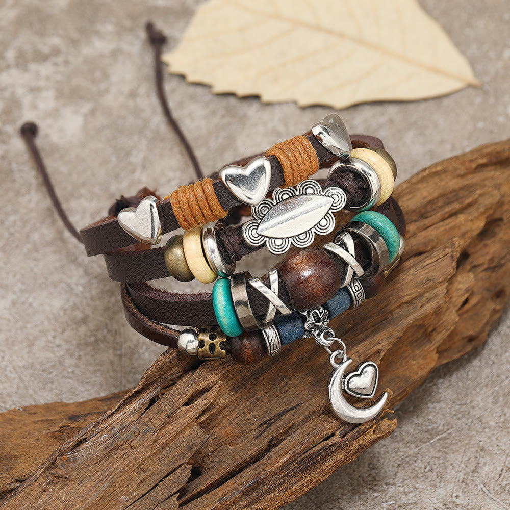 Bracelets en cuir perlé multicouches avec breloques lune Olivenorma