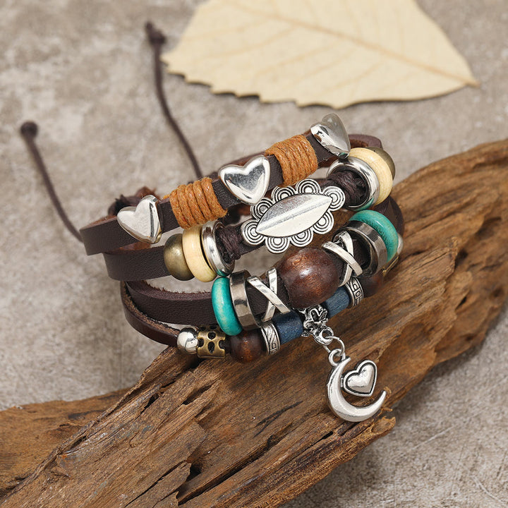 Bracelets en cuir perlé multicouches avec breloques lune Olivenorma