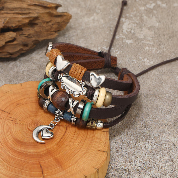 Bracelets en cuir perlé multicouches avec breloques lune Olivenorma