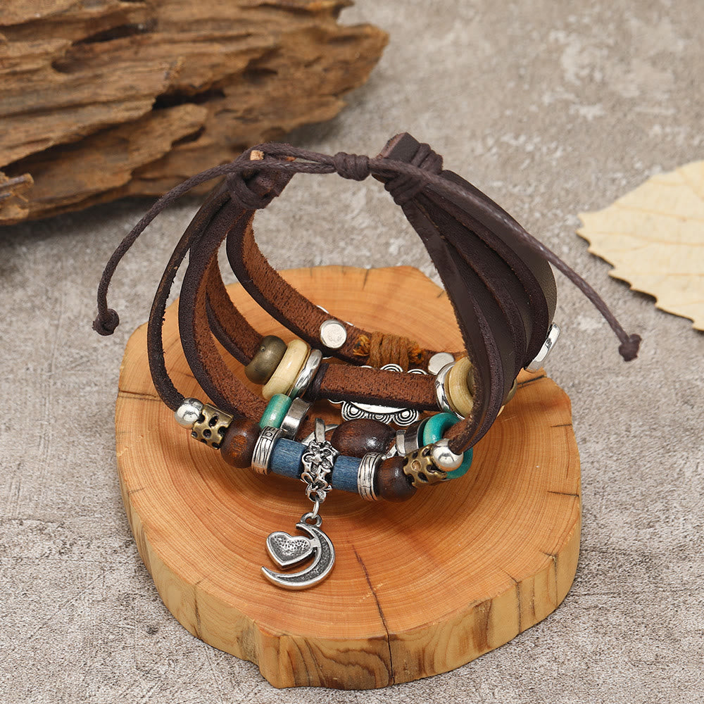 Bracelets en cuir perlé multicouches avec breloques lune Olivenorma