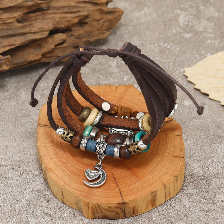 Bracelets en cuir perlé multicouches avec breloques lune Olivenorma