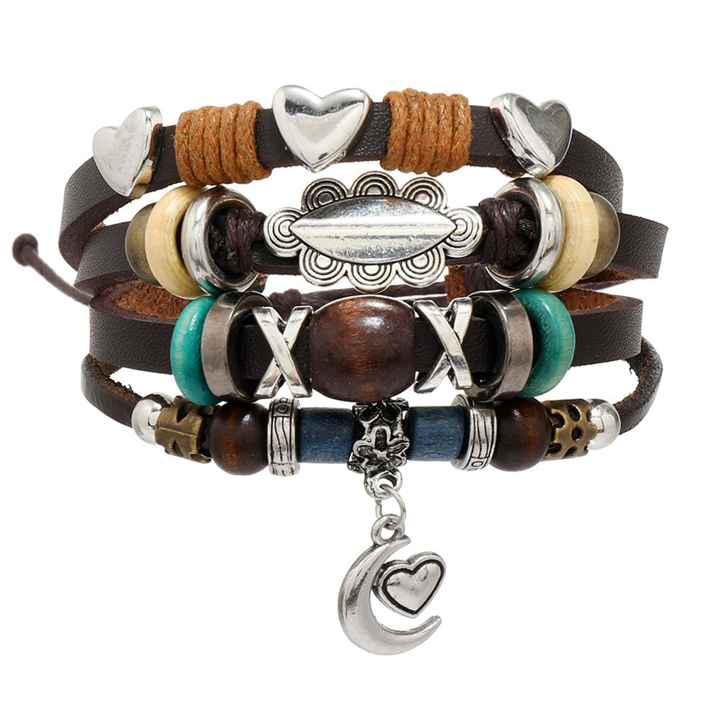 Bracelets en cuir perlé multicouches avec breloques lune Olivenorma