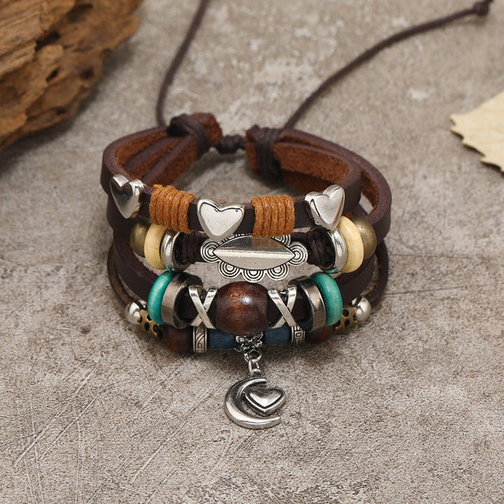Bracelets en cuir perlé multicouches avec breloques lune Olivenorma