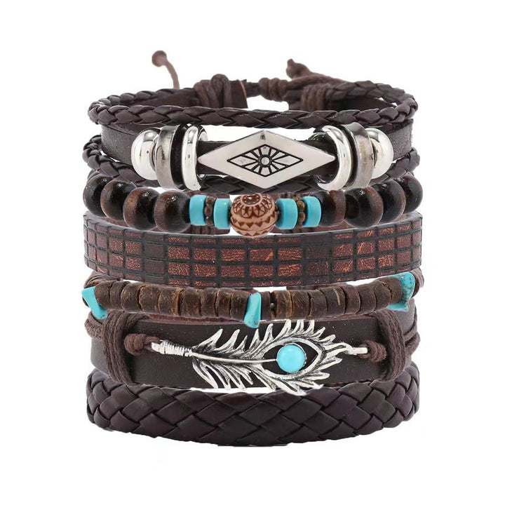 Ensemble de bracelets en cuir tressé faits main avec pierres naturelles et plumes Olivenorma