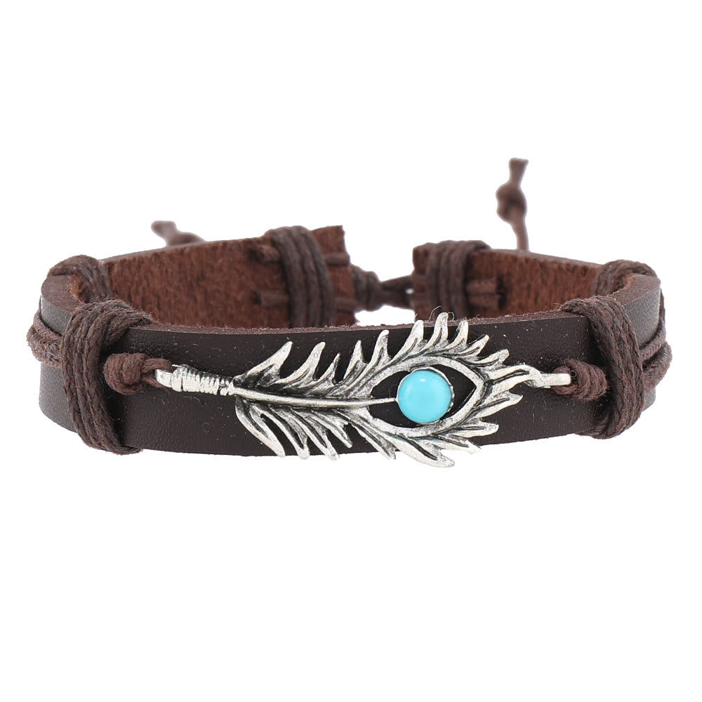 Ensemble de bracelets en cuir tressé faits main avec pierres naturelles et plumes Olivenorma