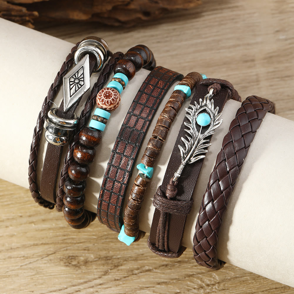 Ensemble de bracelets en cuir tressé faits main avec pierres naturelles et plumes Olivenorma