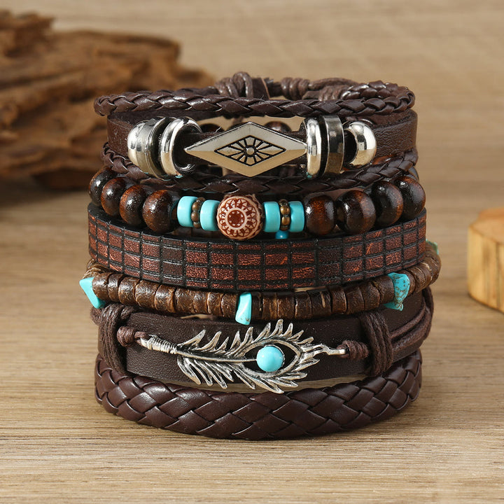 Ensemble de bracelets en cuir tressé faits main avec pierres naturelles et plumes Olivenorma - Turquoise - image 0