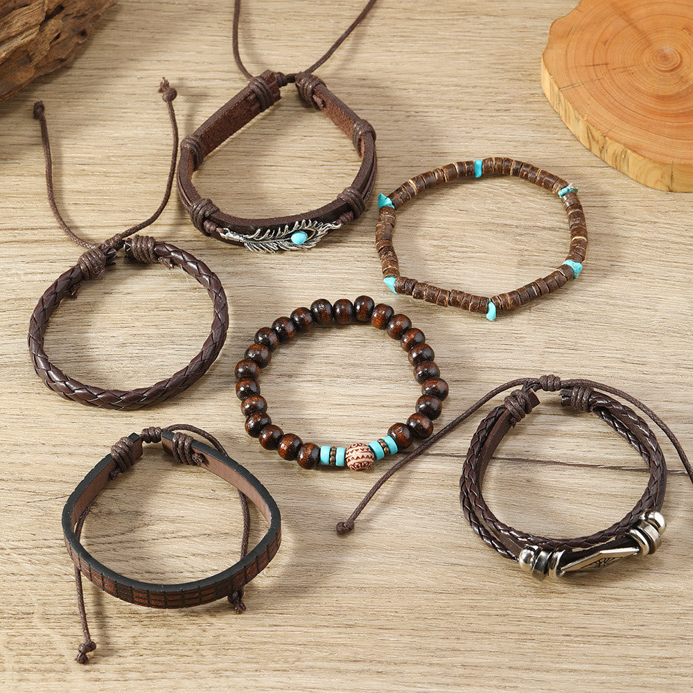 Ensemble de bracelets en cuir tressé faits main avec pierres naturelles et plumes Olivenorma