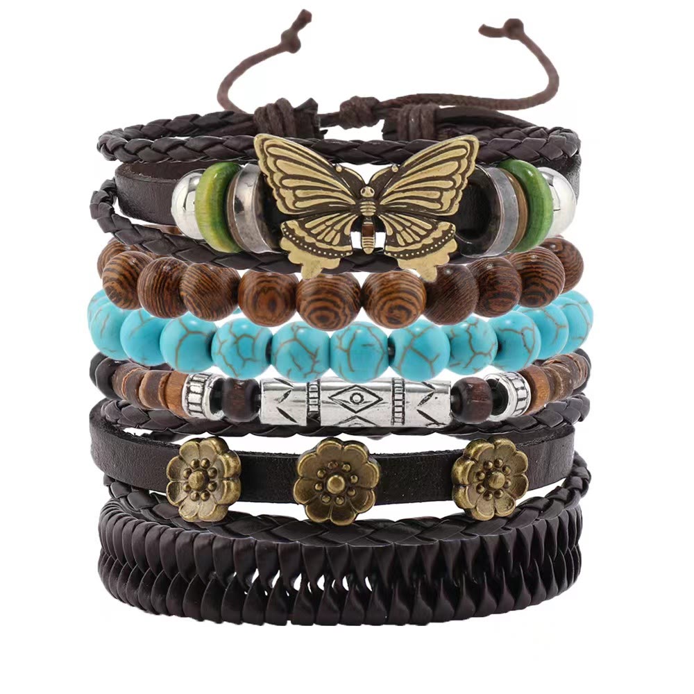 Ensemble de bracelets en cuir tressé faits main avec papillon turquoise Olivenorma