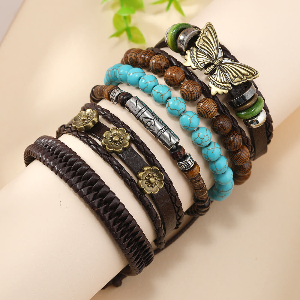 Ensemble de bracelets en cuir tressé faits main avec papillon turquoise Olivenorma