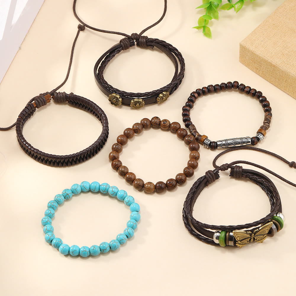 Ensemble de bracelets en cuir tressé faits main avec papillon turquoise Olivenorma