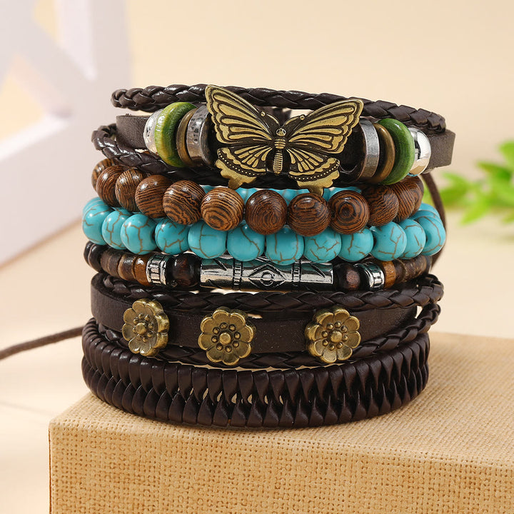 Ensemble de bracelets en cuir tressé faits main avec papillon turquoise Olivenorma