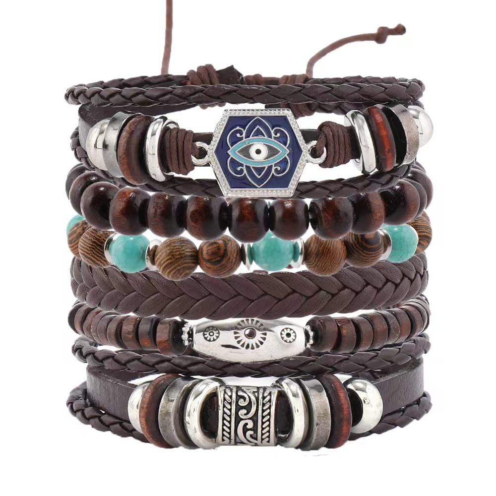 Ensemble de bracelets multicouches en cuir et pierres précieuses contre le mauvais œil turc Olivenorma - image 4