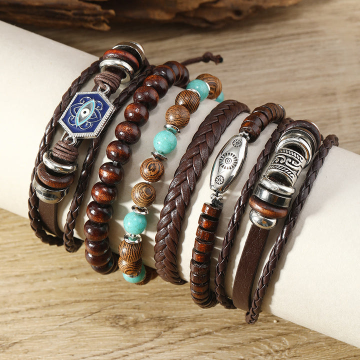 Ensemble de bracelets multicouches en cuir et pierres précieuses contre le mauvais œil turc Olivenorma