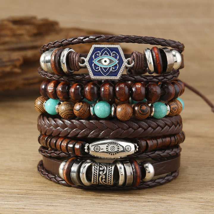 Ensemble de bracelets multicouches en cuir et pierres précieuses contre le mauvais œil turc Olivenorma - Turquoise - image 0