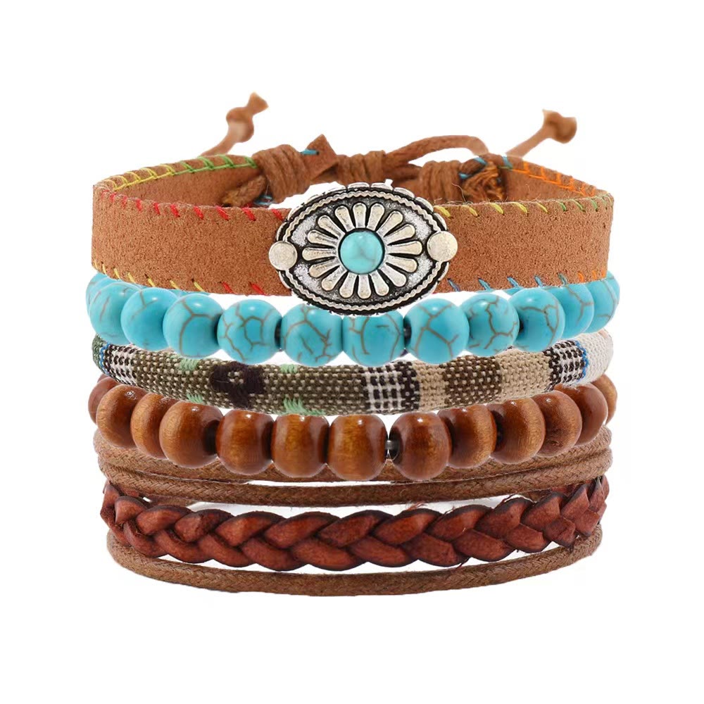Bracelet tressé en perles de bois multicouches turquoise Olivenorma