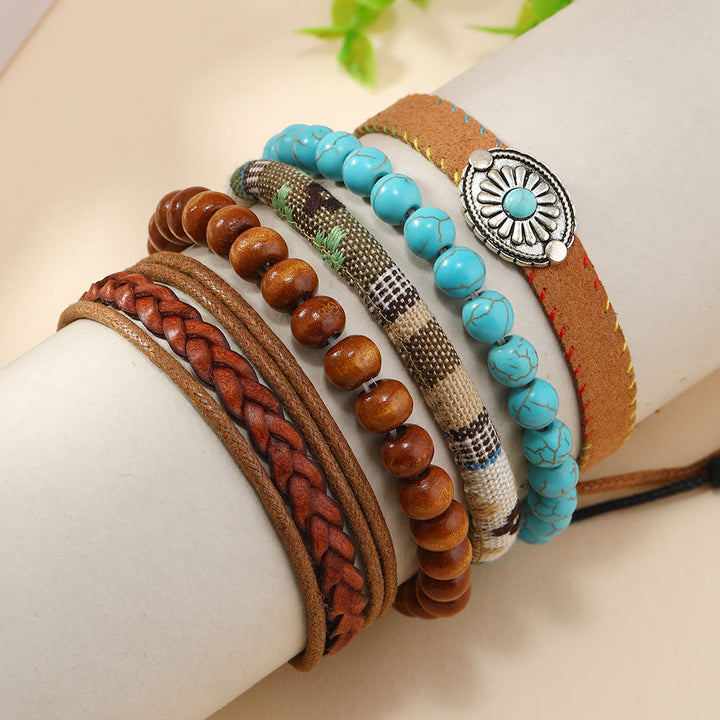 Bracelet tressé en perles de bois multicouches turquoise Olivenorma