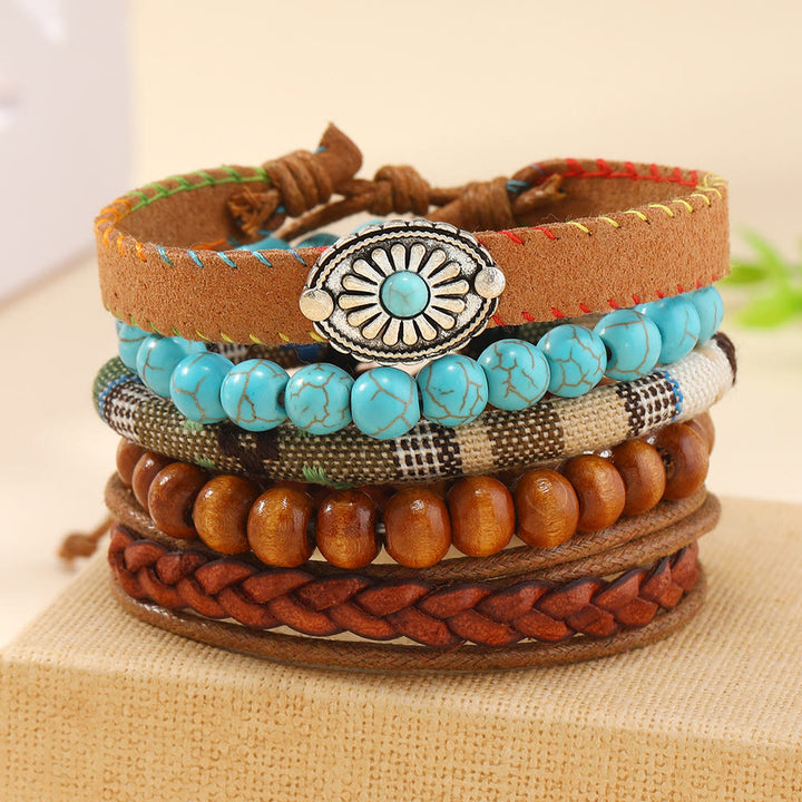 Bracelet tressé en perles de bois multicouches turquoise Olivenorma