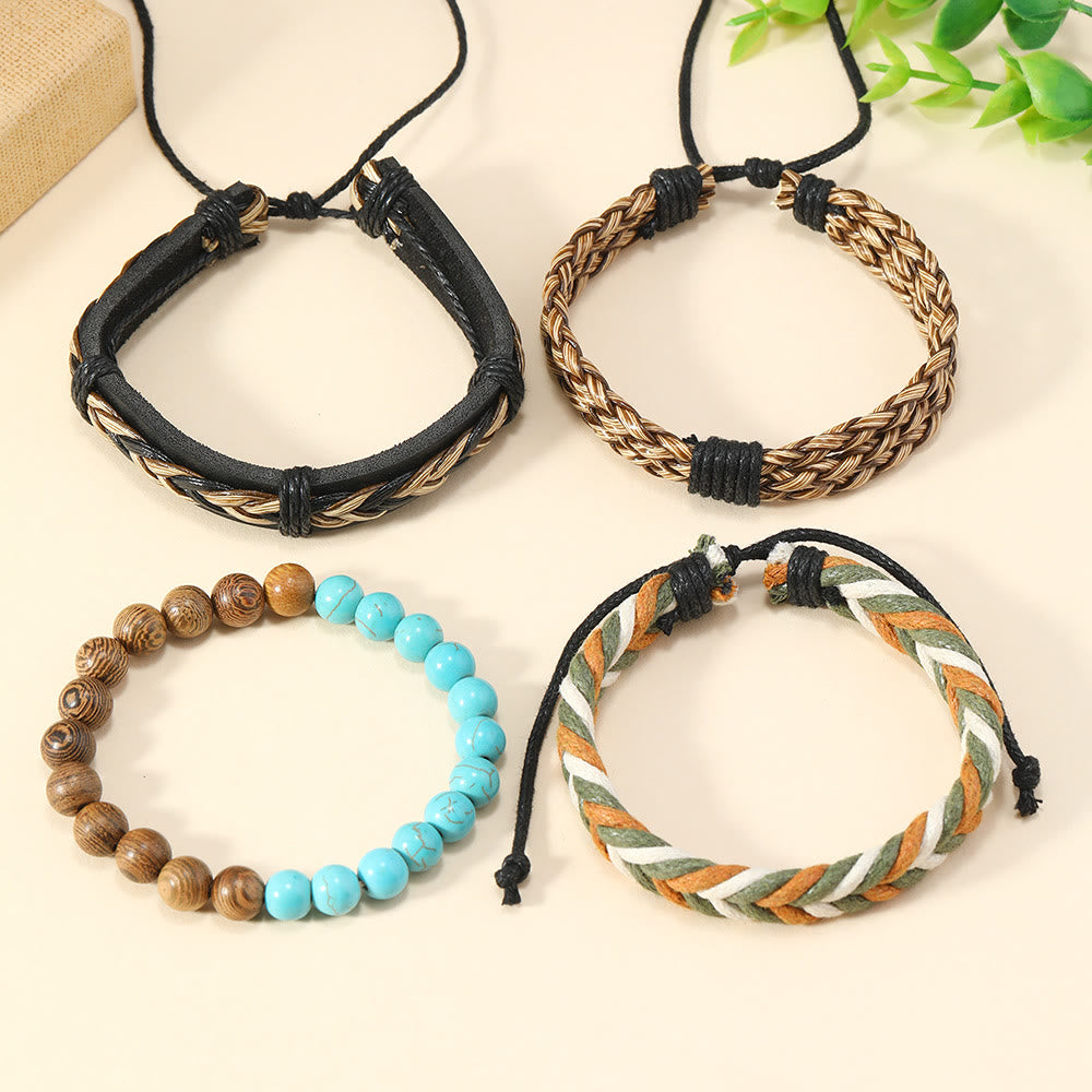 Bracelet en cuir tressé vert turquoise en bois de wengé Olivenorma 4 pièces
