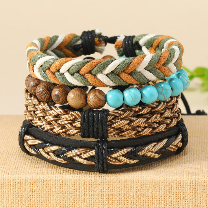 Bracelet en cuir tressé vert turquoise en bois de wengé Olivenorma 4 pièces - Turquoise - image 0