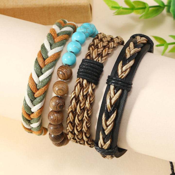Bracelet en cuir tressé vert turquoise en bois de wengé Olivenorma 4 pièces - image 1