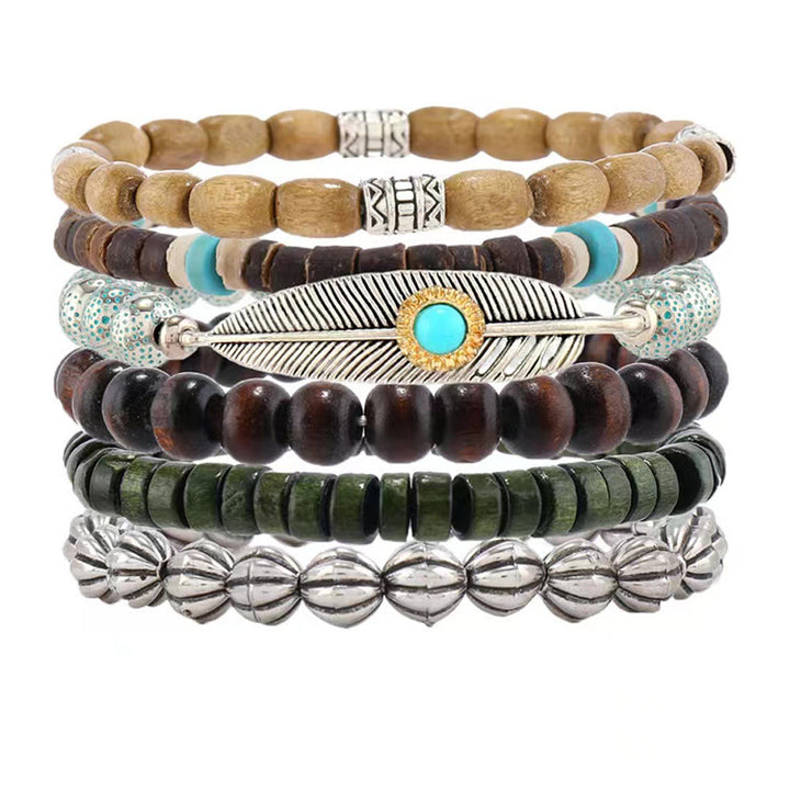 Ensemble de bracelets en perles de bois et plumes turquoise Olivenorma