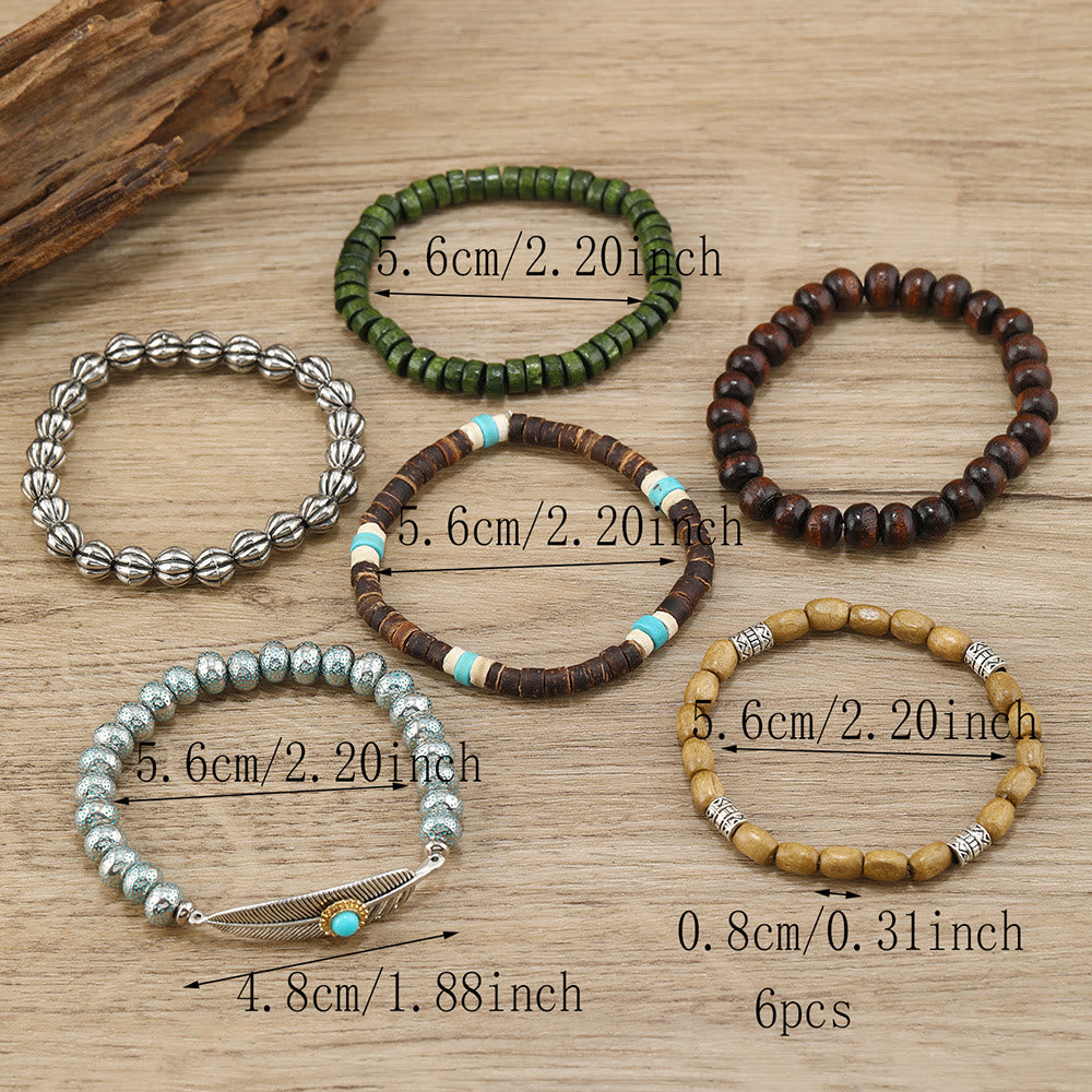 Ensemble de bracelets en perles de bois et plumes turquoise Olivenorma
