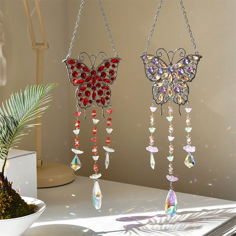 Carillon éolien en cristal et pierres précieuses avec capteur de soleil en forme de papillon Olivenorma