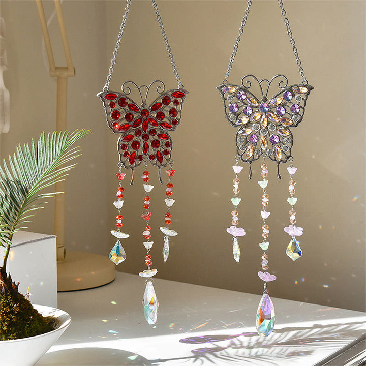 Carillon éolien en cristal et pierres précieuses avec capteur de soleil en forme de papillon Olivenorma