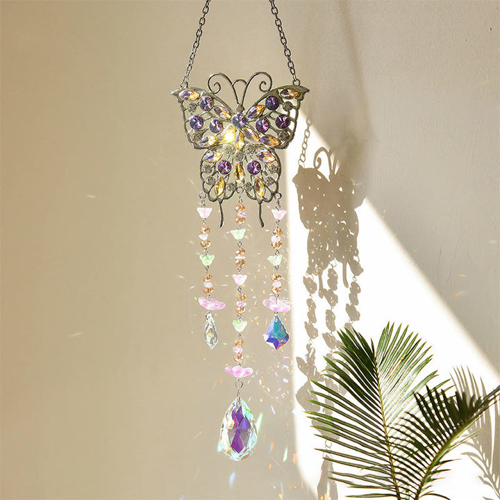 Carillon éolien en cristal et pierres précieuses avec capteur de soleil en forme de papillon Olivenorma