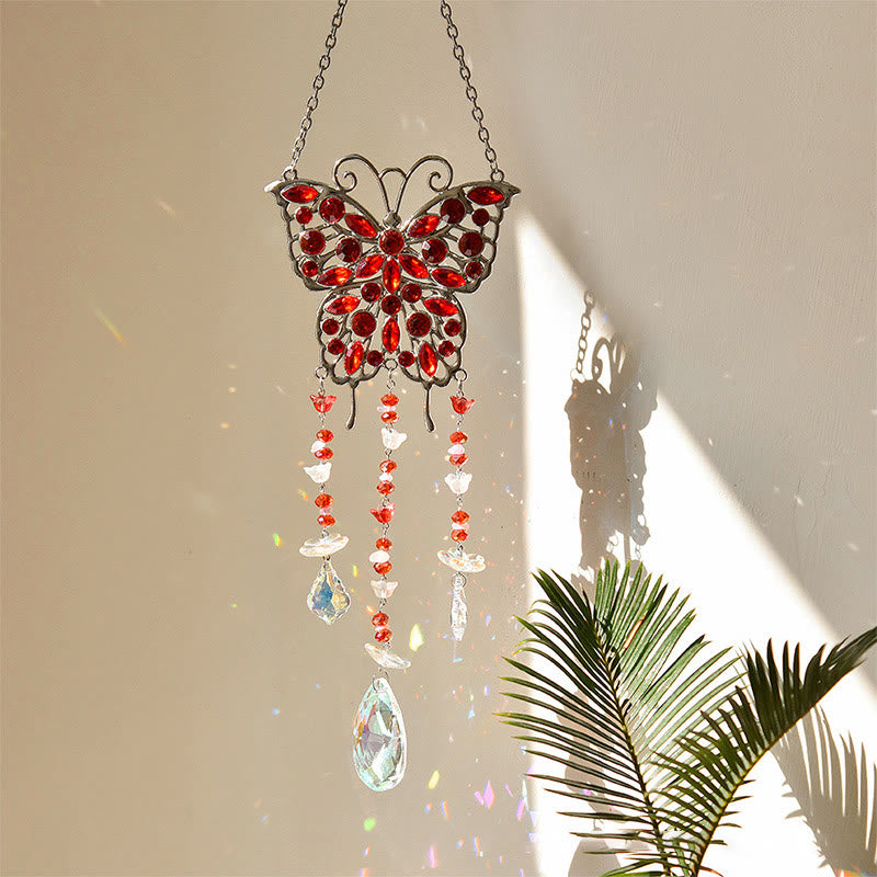 Carillon éolien en cristal et pierres précieuses avec capteur de soleil en forme de papillon Olivenorma