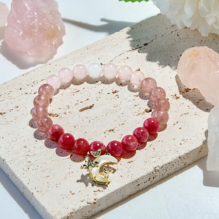 Bracelet pendentif lune en perles de cristal rose naturel Olivenorma