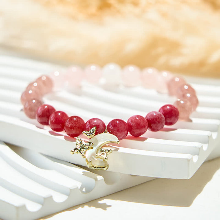 Bracelet pendentif lune en perles de cristal rose naturel Olivenorma