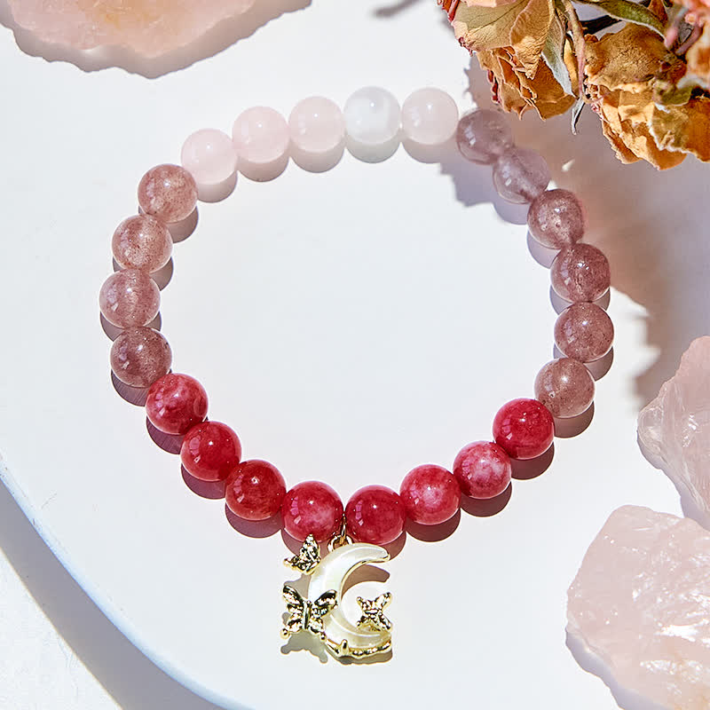 Bracelet pendentif lune en perles de cristal rose naturel Olivenorma