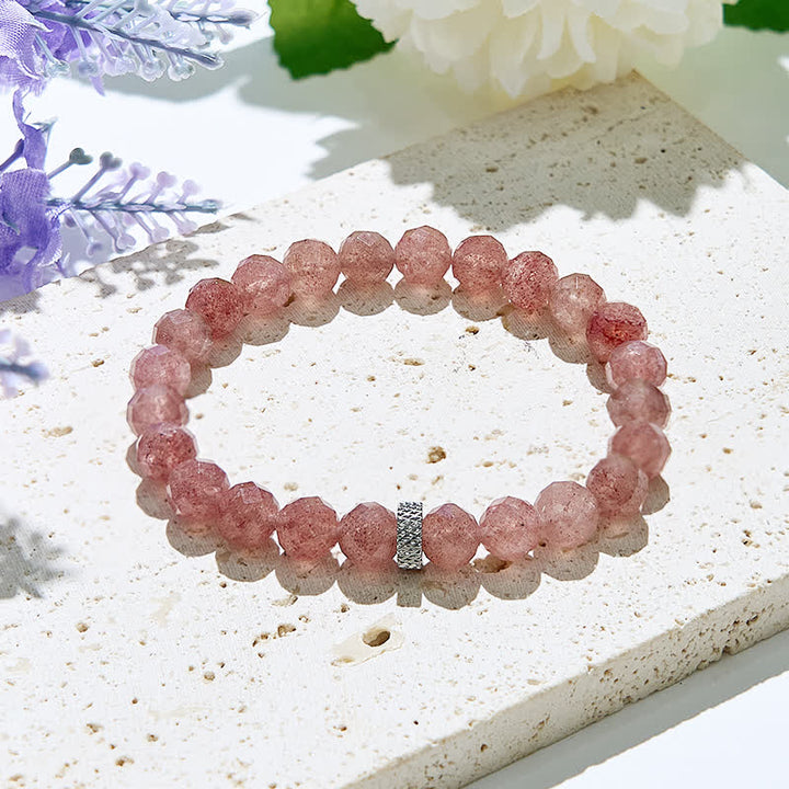 Bracelet en perles de quartz fraise naturel à face coupée Olivenorma