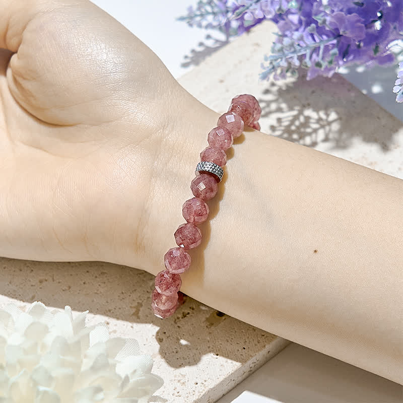 Bracelet en perles de quartz fraise naturel à face coupée Olivenorma