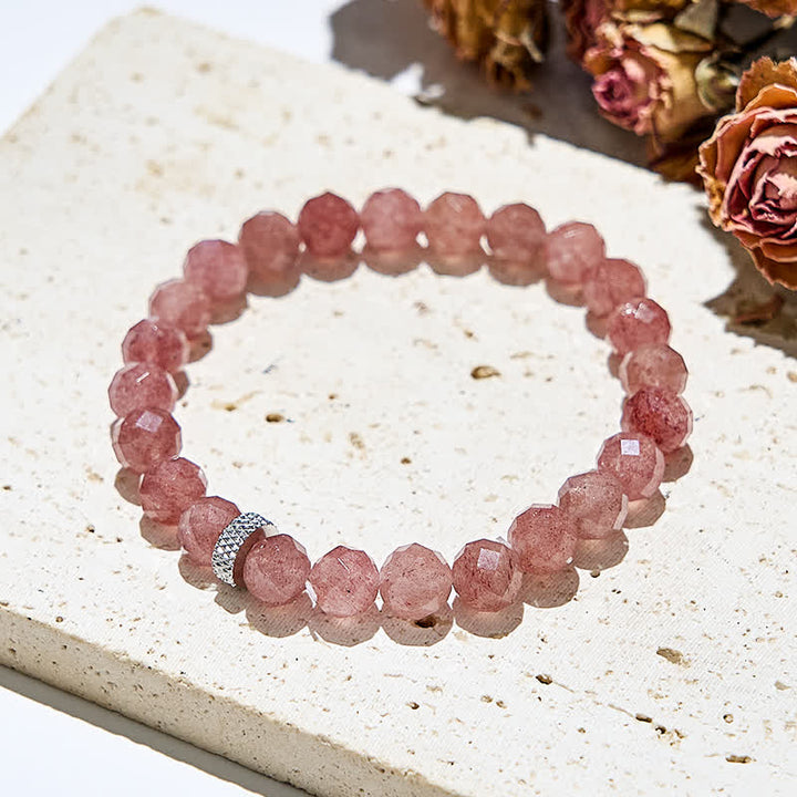 Bracelet en perles de quartz fraise naturel à face coupée Olivenorma