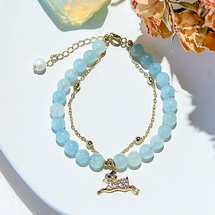 Bracelet pendentif faon en perles d'aigue-marine naturelles Olivenorma