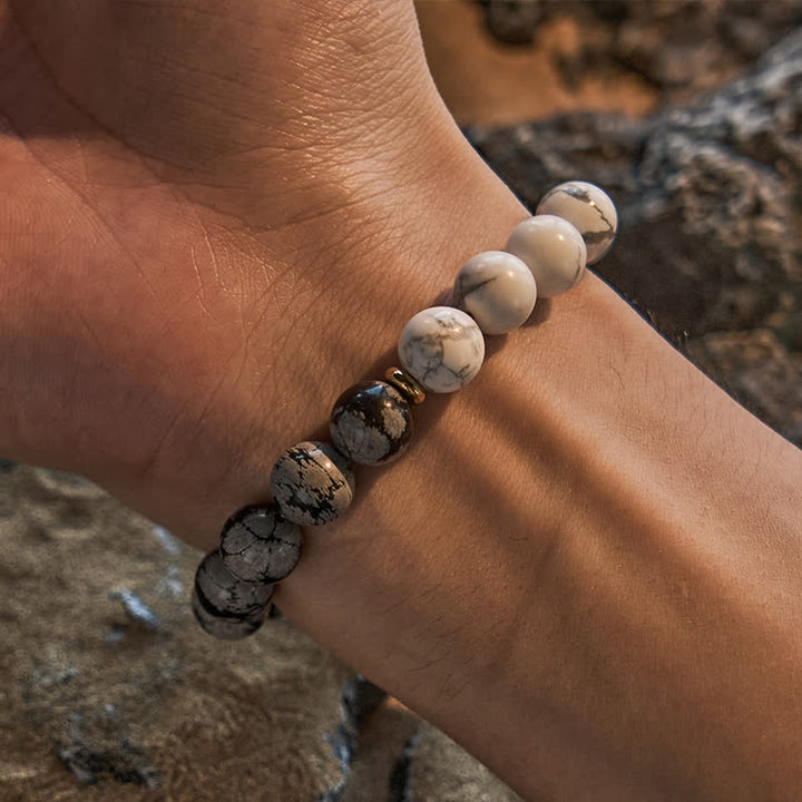 Bracelet en perles d'obsidienne flocon de neige turquoise blanche Olivenorma
