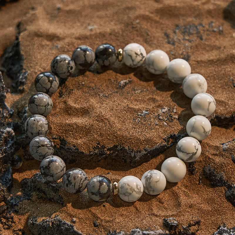 Bracelet en perles d'obsidienne flocon de neige turquoise blanche Olivenorma