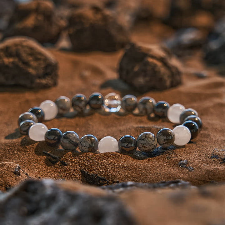 Bracelet de perles d'obsidienne en cristal transparent avec flocon de neige en obsidienne Olivenorma