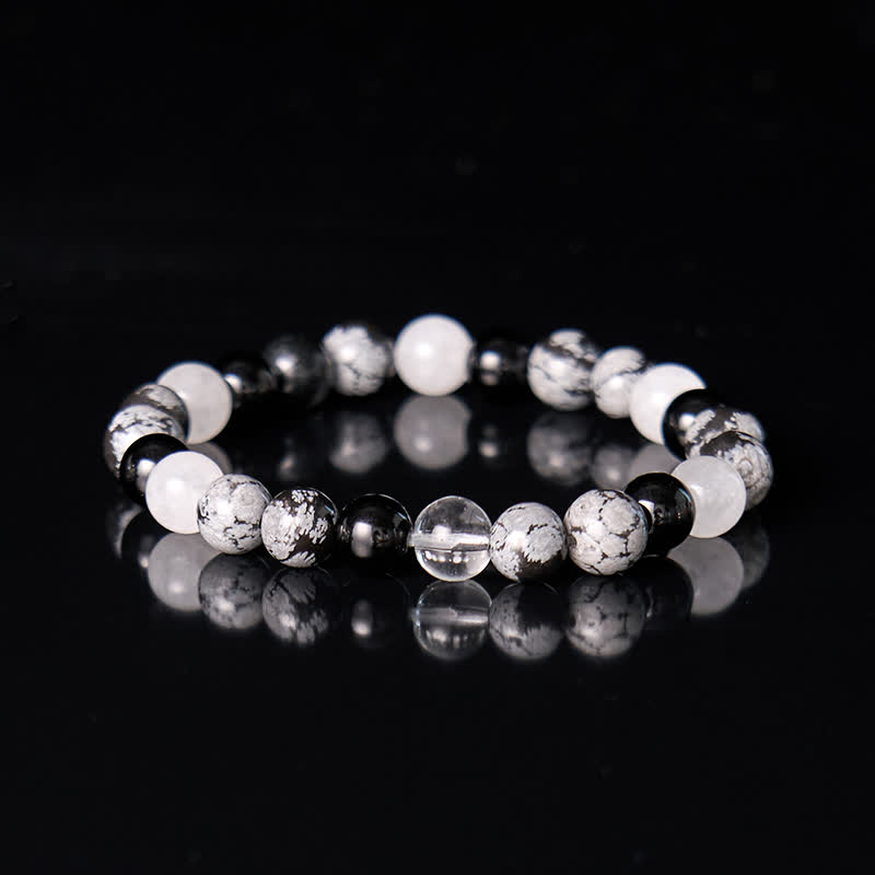 Bracelet de perles d'obsidienne en cristal transparent avec flocon de neige en obsidienne Olivenorma