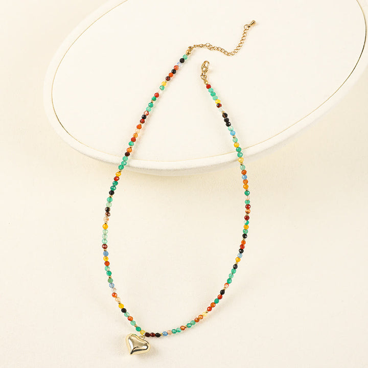 Collier de perles à breloque en forme de cœur en pierres précieuses naturelles roses Olivenorma