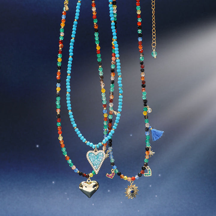 Collier de perles en zircon bleu style bohème Olivenorma