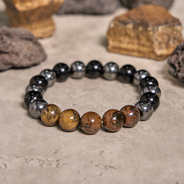 Bracelet de perles en onyx noir et hématite œil de tigre Olivenorma de 10 mm