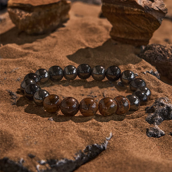 Bracelet de perles en onyx noir et hématite œil de tigre Olivenorma de 10 mm